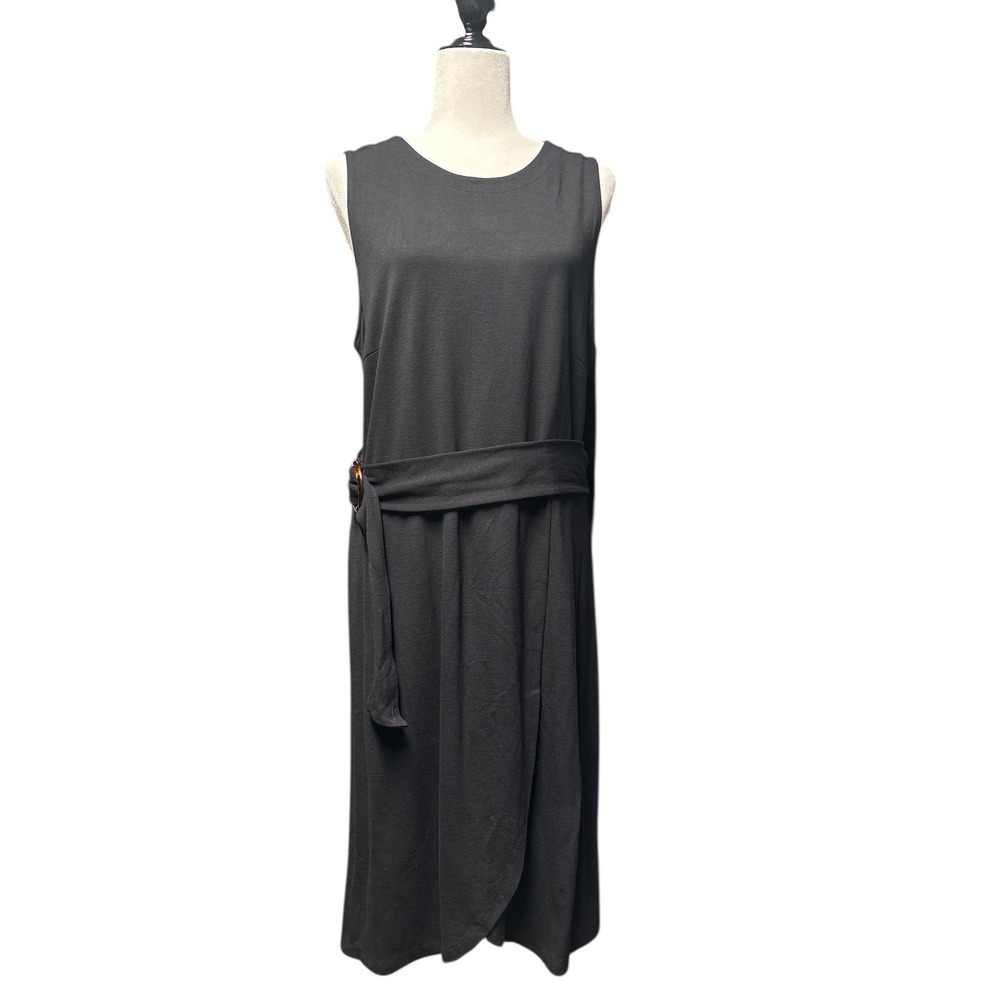 Loft Black Sleeveless Belted Midi Dress Size 14 Minimalist Quiet‎ Luxury NWT